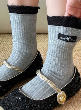 【5双装】灰色布标堆堆袜芭蕾风秋冬韩版中筒女士条纹撞色长袜女