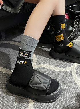 【3双装】AB左右脚袜子女ins潮小猫斑马纹个性不对称秋冬情侣长袜