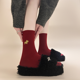 【6双装】秋冬季本命年马年本命年袜子女~红色刺绣结婚新袜中筒袜