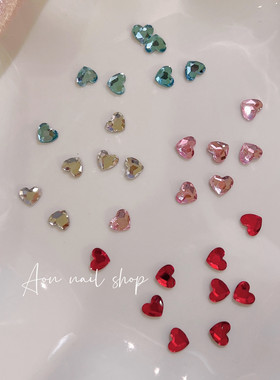 AONNAIL多巴胺色系芭比美甲爱心平底彩钻粉色湖蓝白色红色桃心钻