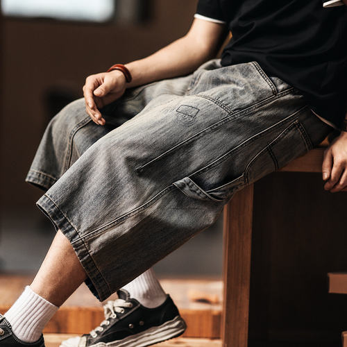 日系复古做旧牛仔短裤男2026夏季潮牌宽松街头工装七分裤男
