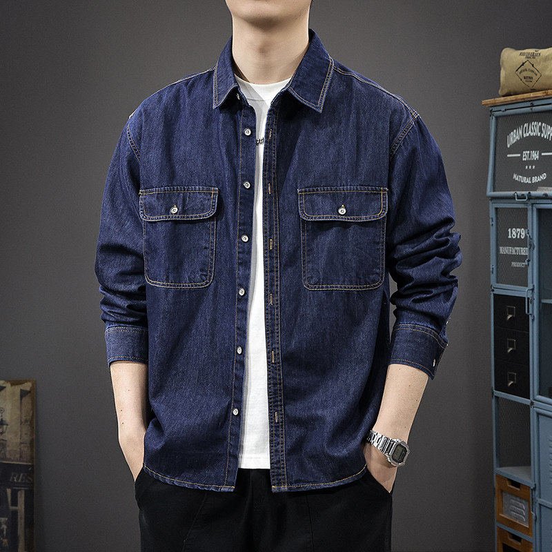 春季新款宽松大码牛仔衬衫男美式工装多口袋长袖衬衣薄款上衣外套