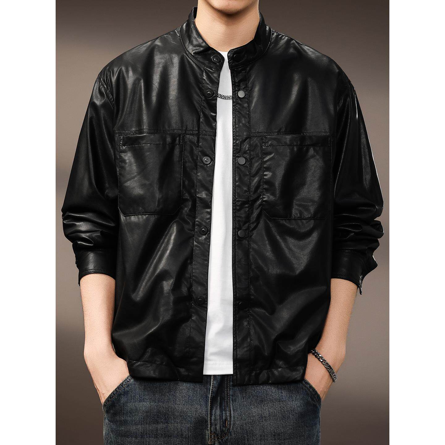 美式复古纯色皮衣外套男秋季小众潮流高街痞帅宽松飞行员夹克男款