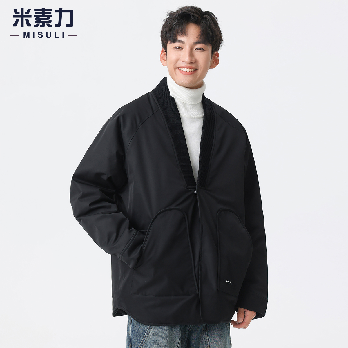 90%白鸭绒新中式羽绒服男冬季薄款青少年V领道袍开衫男款日系棉服