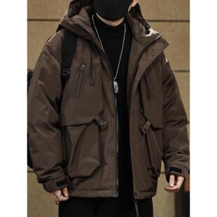 90鸭绒工装连帽羽绒服男款冬季潮牌大码宽松户外加厚保暖羽绒外套