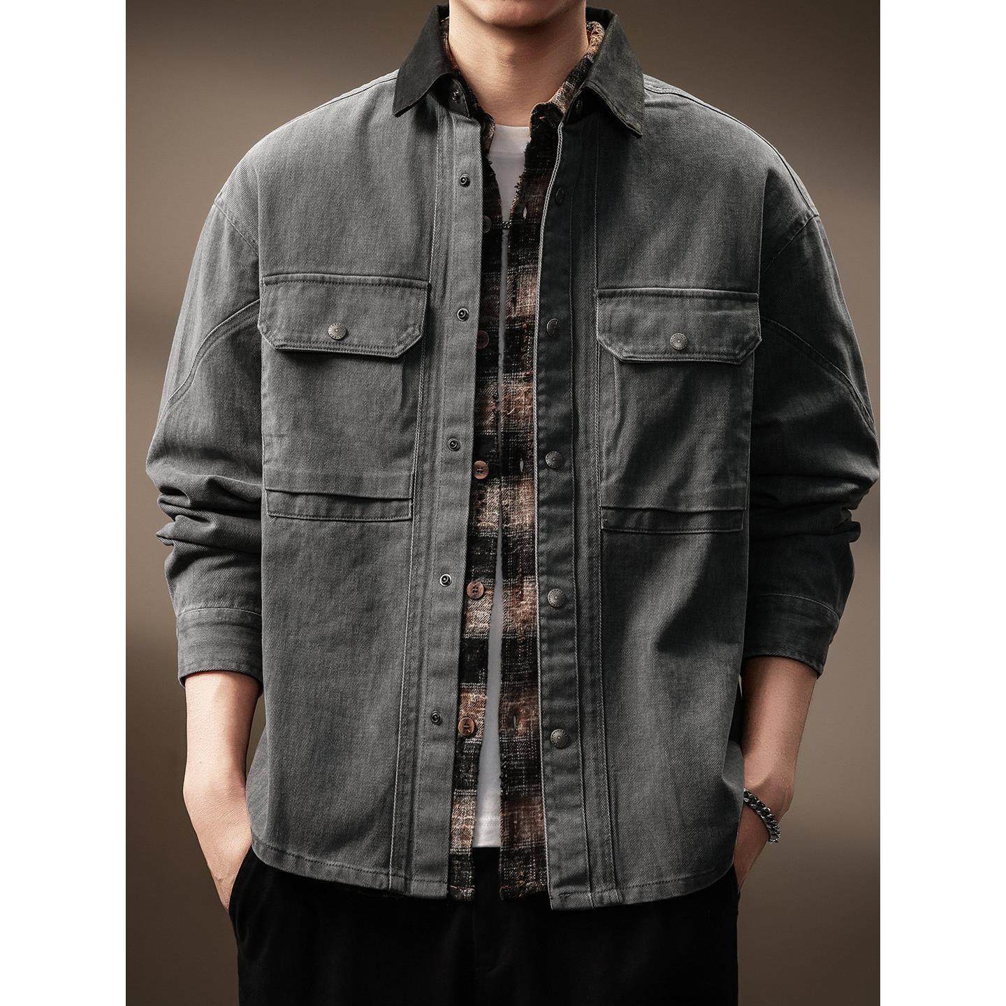 高端美式重磅工装衬衫男宽松2025秋季新款复古阿美咔叽夹克外套男