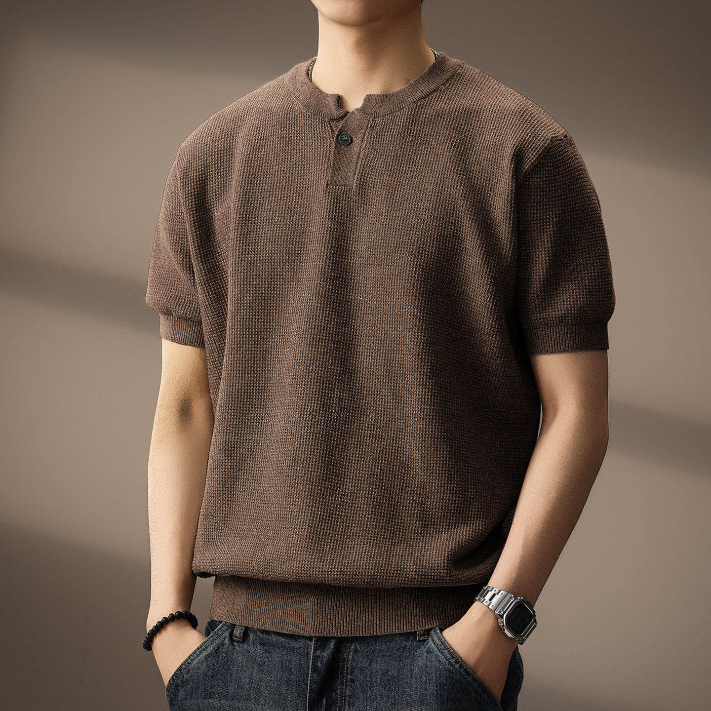 高级感痞帅亨利领针织短袖Polo衫男夏季高级韩版修身休闲半袖T恤