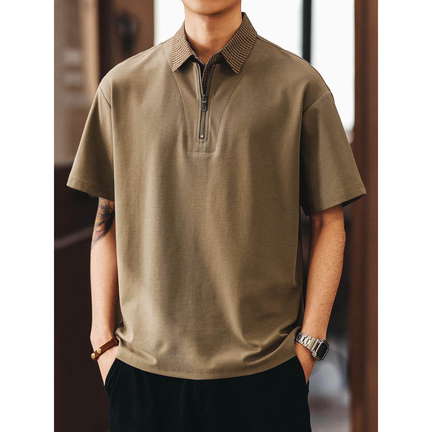 高级感美式复古半拉链polo衫男夏季潮牌宽松休闲简约通勤短袖T恤