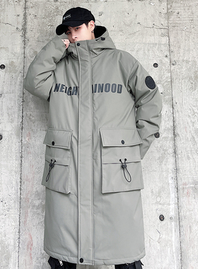 GM绿色羽绒服男中长款2023加厚白鸭绒保暖连帽胖子肥佬加肥加大码