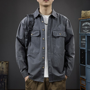 秋冬新款工装多口袋长袖衬衫男美式复古纯棉男士衬衣宽松休闲外套