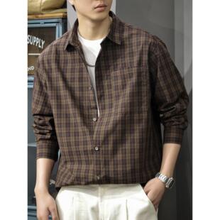 美式复古格纹长袖衬衫男春季新款纯棉翻领上衣春秋通勤风格子衬衣