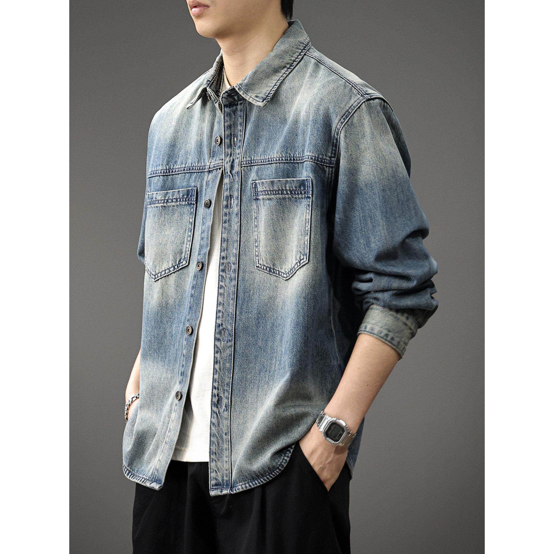 春季新款高级感复古水洗牛仔衬衫男2026渐变磨白长袖工装外套男款