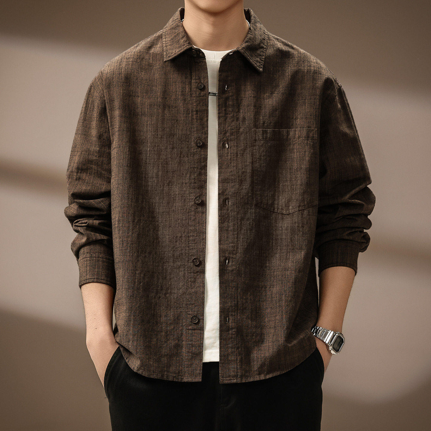 高端肌理感竹节棉长袖衬衫男2026春秋新款复古老钱风提花纯棉外套