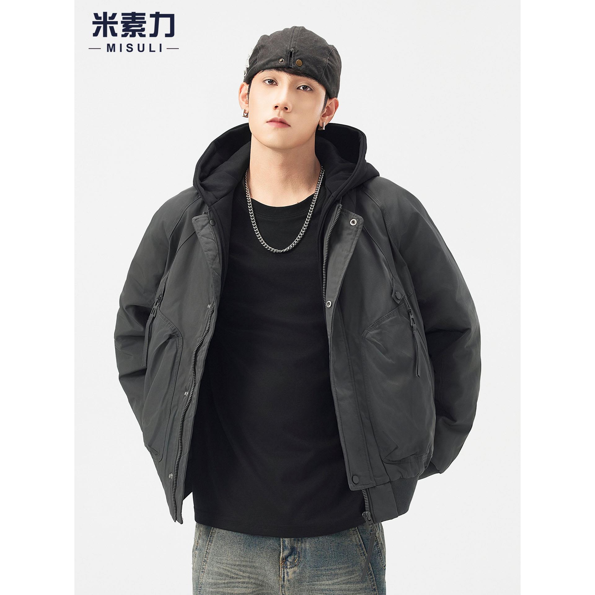 美式撞色连帽羽绒服男士保暖外套宽松百搭设计感防风口袋工装棉服