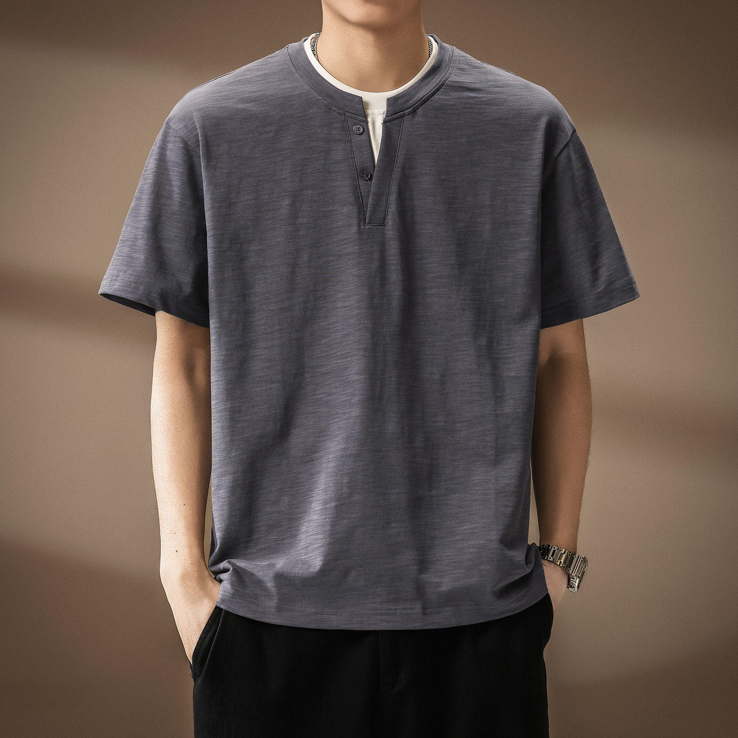 高端美式复古假两件竹节棉短袖T恤男2026夏季新款亨利领polo衫男