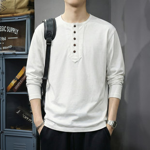 高级感白色长袖T恤男春季新款硬汉亨利领卫衣男士纯棉打底衫上衣