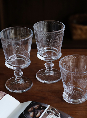 法式复古浮雕透明玻璃杯 果汁杯饮料杯高脚酒杯