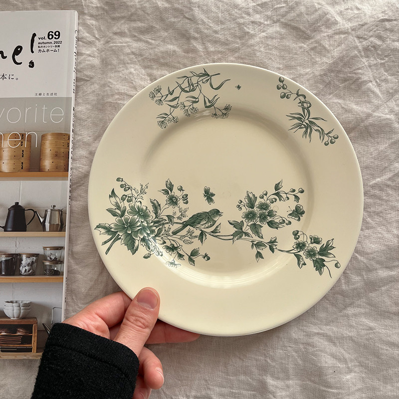 中古风花卉小鸟盘 法式复古西餐盘 陶瓷盘 蛋糕甜品盘子,餐饮具,盘,淘宝优惠券,粉丝福利购,淘宝优惠卷