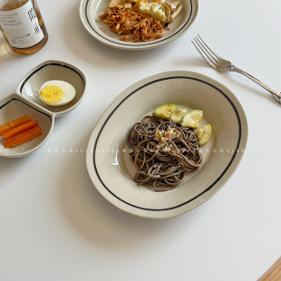 日式手绘釉下彩陶瓷餐具 复古中式黑线条盘子 汤碗 椭圆盘 味碟