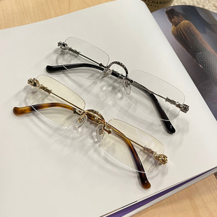 简单潮克罗心无框眼镜复古商务超轻防蓝光纯钛边框眼镜架可配近视
