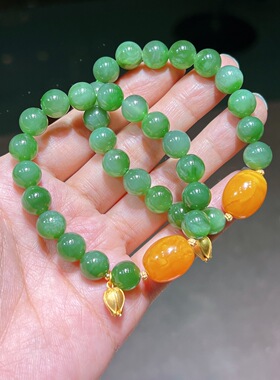 天然和田玉碧玉手链菠菜绿无黑点银镀金配饰老蜜蜡枣珠国风手链