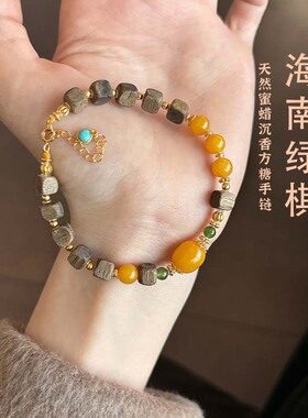 原创设计海南绿棋奇楠方糖沉香手串搭蜜蜡925银镀金支持多件批发