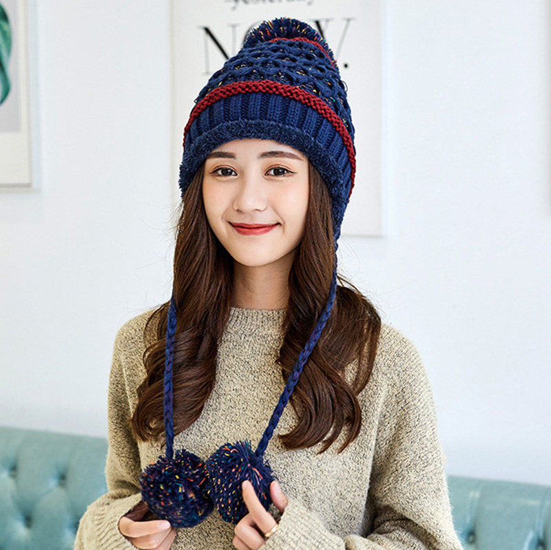 genoda歌诺达女士秋冬新款保暖拼色毛线针织护耳韩版加厚加绒帽子