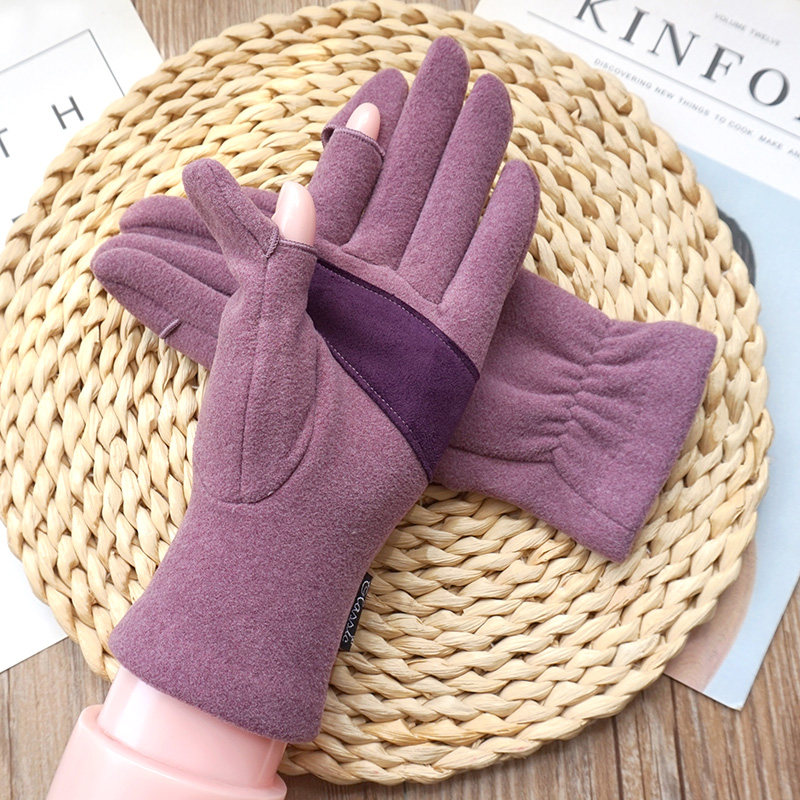 克拉斯卡秋冬新品男女情侣款加绒保暖翻露指触屏手套德绒开车防滑