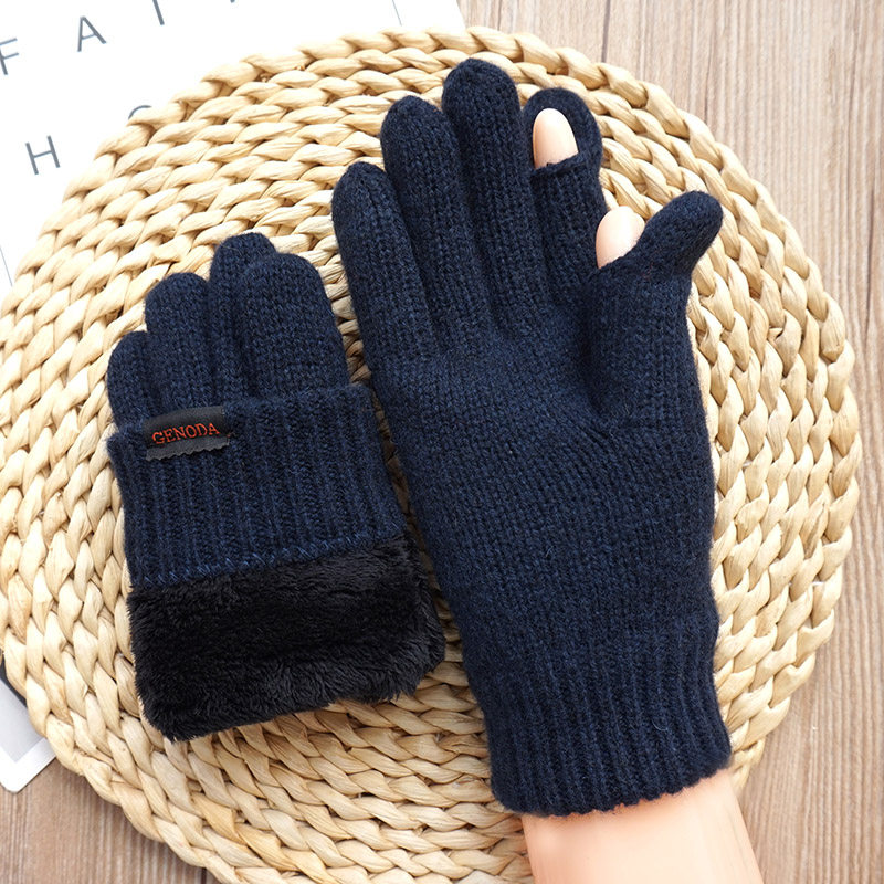 歌诺达秋冬情侣款加绒加厚纯羊毛露指露翻指毛线保暖触屏开车手套