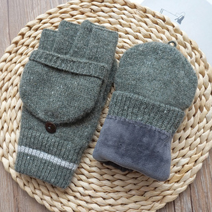 歌诺达秋冬新品男款纯羊毛半指露指小帽翻盖双层加绒保暖触屏手套