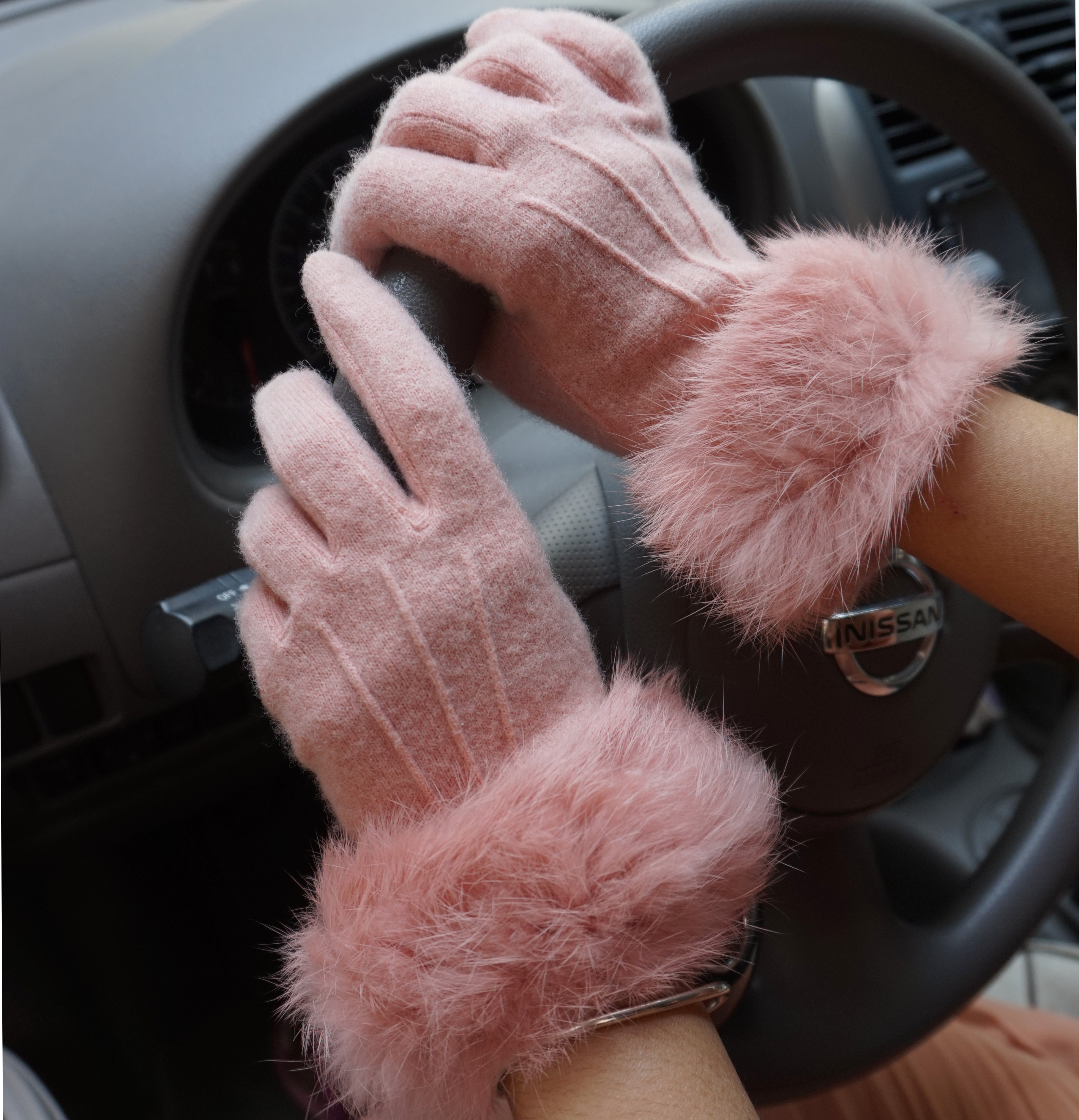 克拉斯卡 冬季女式羊毛手套双层加厚加绒触屏保暖兔毛手套