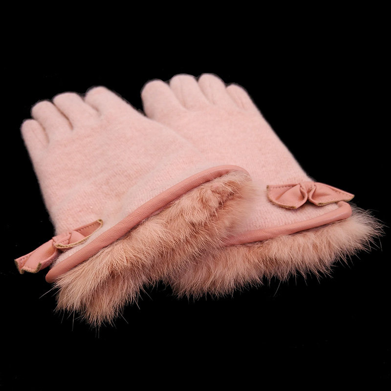克拉斯卡 秋冬女士双层加厚羊毛毛线手套 蝴蝶结触屏兔毛手套