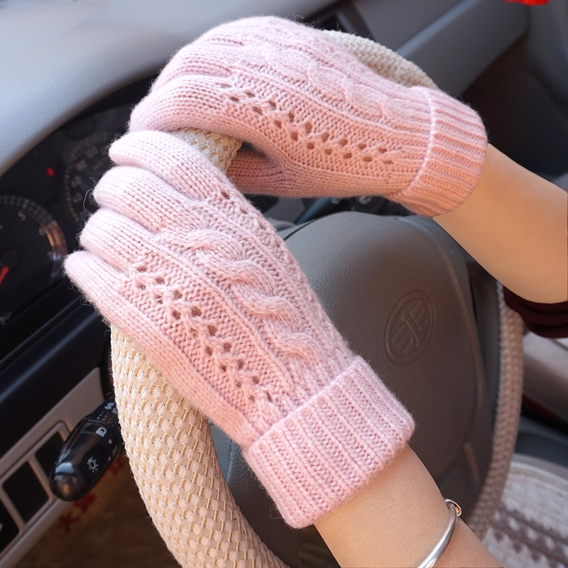 克拉斯卡 秋冬季女士保暖触屏薄款甜美镂空提花羊毛毛线针织手套