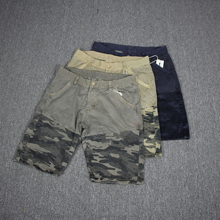潮复古纯棉宽松百搭直筒休闲五分裤 外贸夏季 短裤 迷彩拼接工装 男士