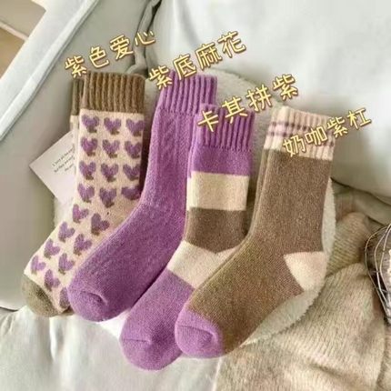 秋冬款毛圈厚袜子女潮款纯色冬天加绒加厚高筒保暖拼接长袜中筒袜