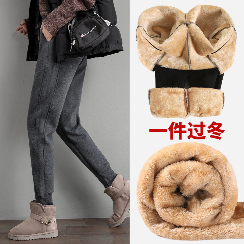 加绒加厚运动裤女宽松束脚仿羊羔绒裤子秋冬休闲卫裤外穿保暖棉裤_虎窝淘