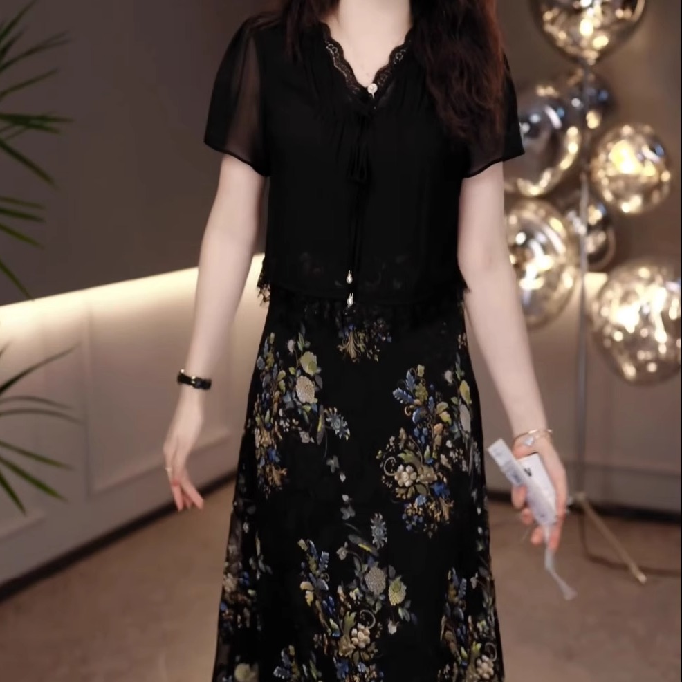 假两件时尚印花连衣裙女2025年夏季新款妈妈装修身显瘦中长款裙子