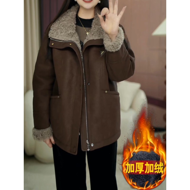 休闲简约皮毛一体加绒外套女2025秋冬新款女士时尚显瘦保暖皮夹克