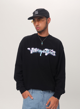 ComicTree C.t 2025秋季新款基础液态金属字圆领长袖衣服纯棉男士