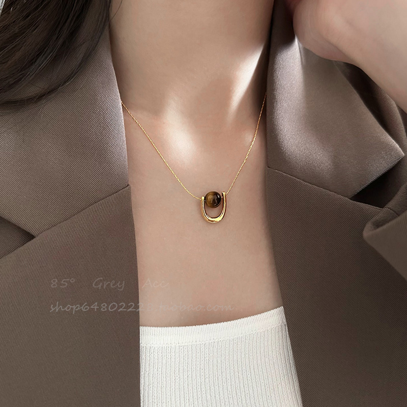 复古气质虎眼石款U型吊坠项链