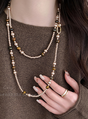 小香风虎眼石珍珠项链女高级感