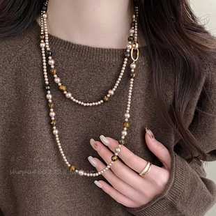 小香风虎眼石珍珠项链女高级感轻奢小众长款秋冬叠戴毛衣链配饰