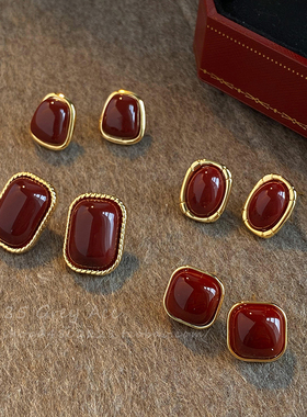 复古港风红色滴釉耳钉女秋冬轻奢气质高级感耳环小众设计新年耳饰