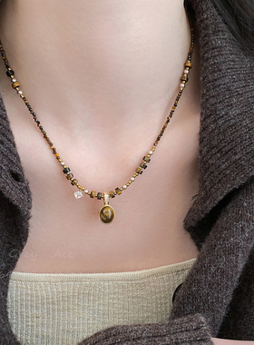 虎眼石串珠项链女秋冬复古