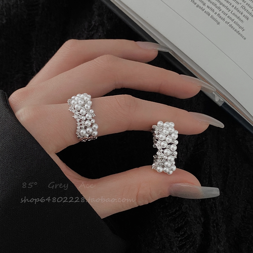 轻奢高级感珍珠戒指女小众设计ins风开口可调节食指指环个性戒子