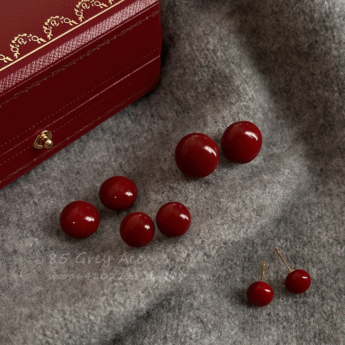 酒红色馒头珍珠耳钉女