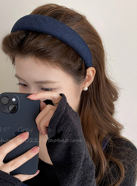 简约复古牛仔布艺蓝色宽边发箍女高级感压发洗脸发卡百搭网红头箍