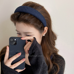 简约复古牛仔布艺蓝色宽边发箍女高级感压发洗脸发卡百搭网红头箍