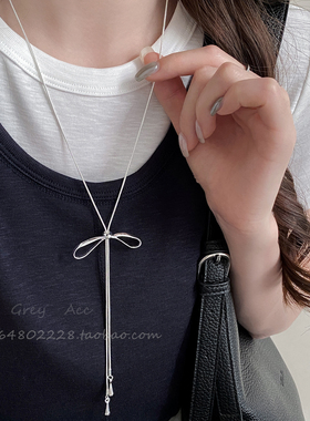 银色蝴蝶结吊坠抽拉项链女款