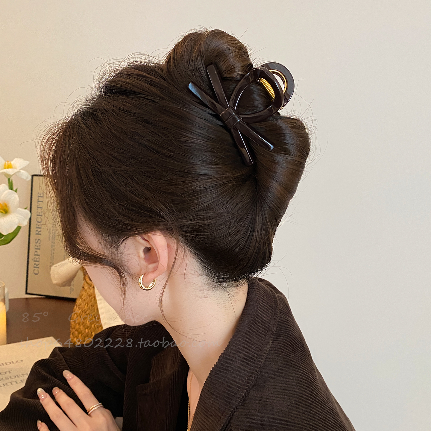 巧克力棕蝴蝶结头发抓夹女2025
